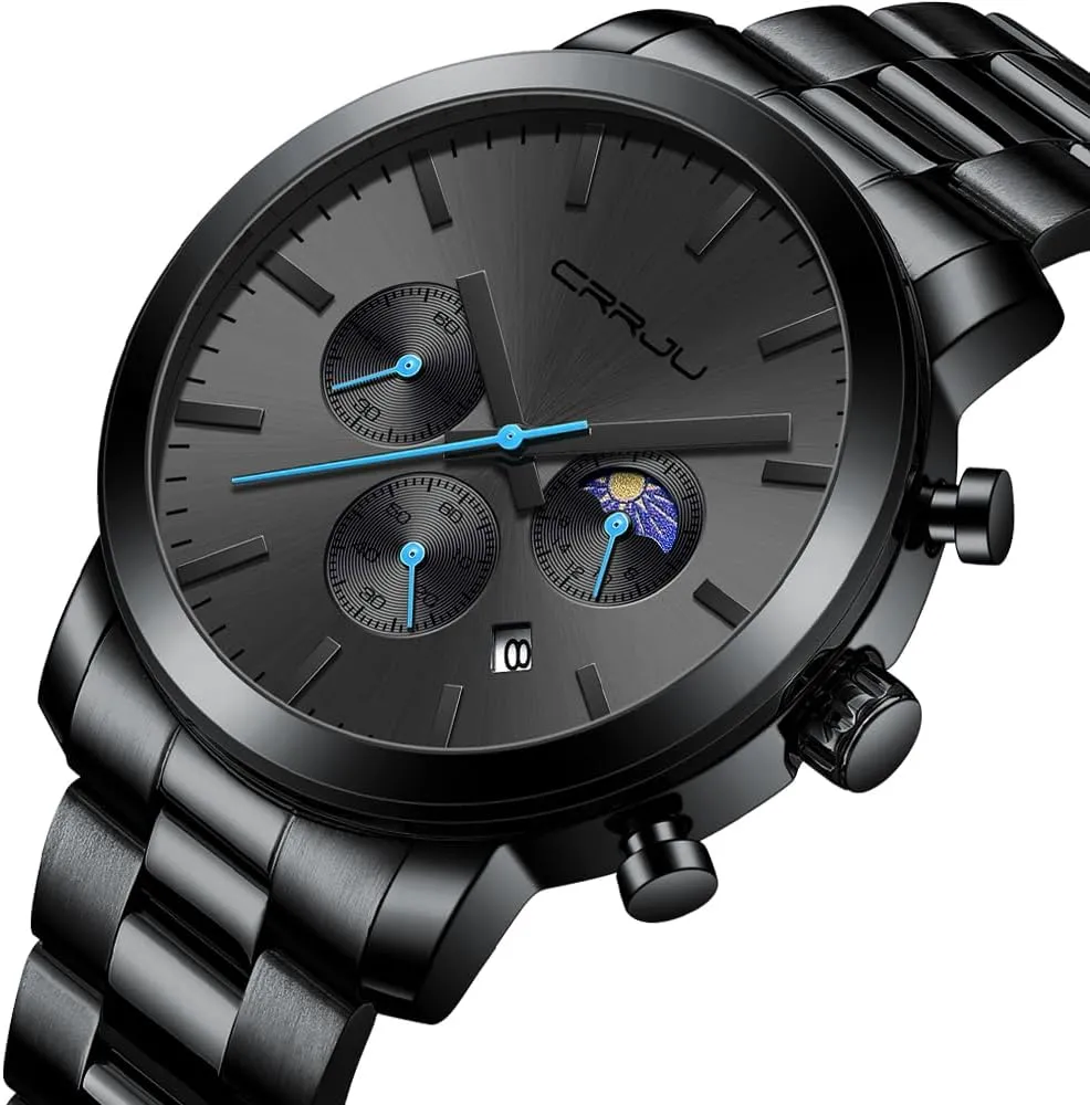 CRRJU Watches for Men Luxury Business Stainless Steel Waterproof Calendar Chronograph Analog Quartz Wristwatches