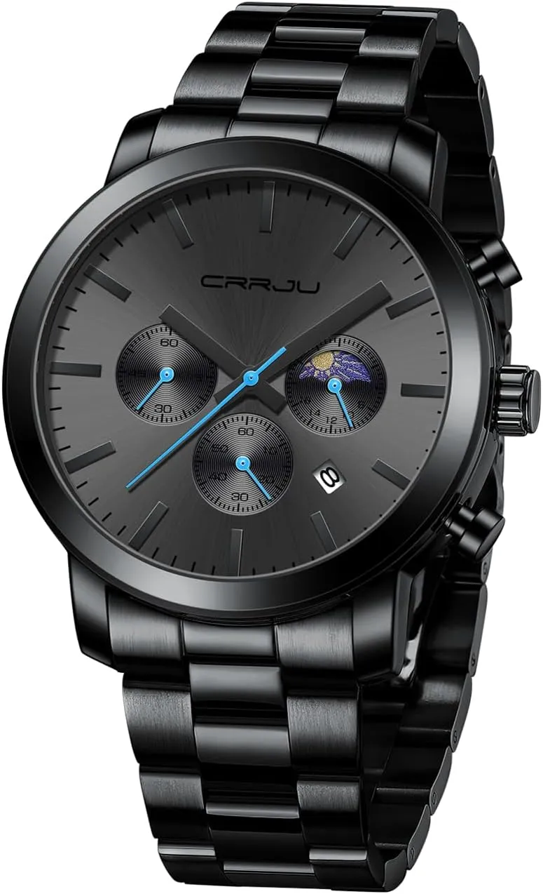 CRRJU Watches for Men Luxury Business Stainless Steel Waterproof Calendar Chronograph Analog Quartz Wristwatches
