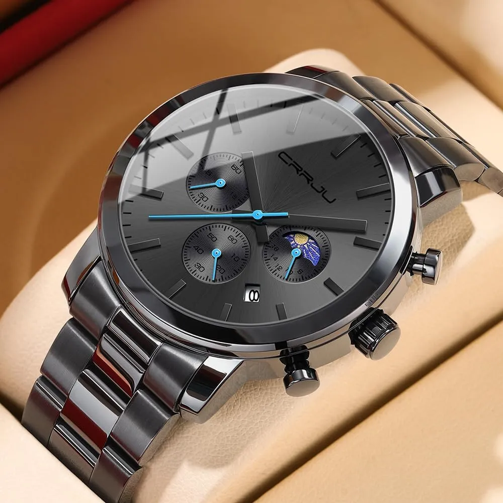 CRRJU Watches for Men Luxury Business Stainless Steel Waterproof Calendar Chronograph Analog Quartz Wristwatches