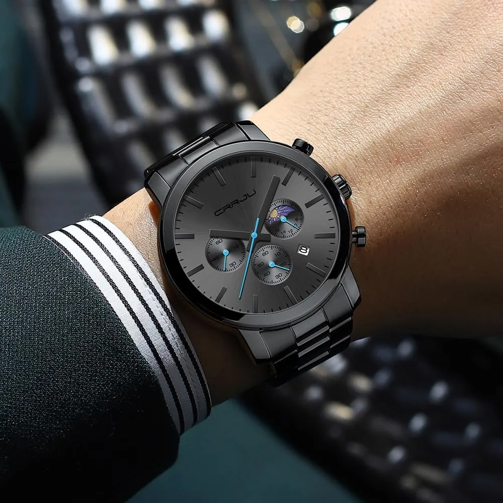 CRRJU Watches for Men Luxury Business Stainless Steel Waterproof Calendar Chronograph Analog Quartz Wristwatches