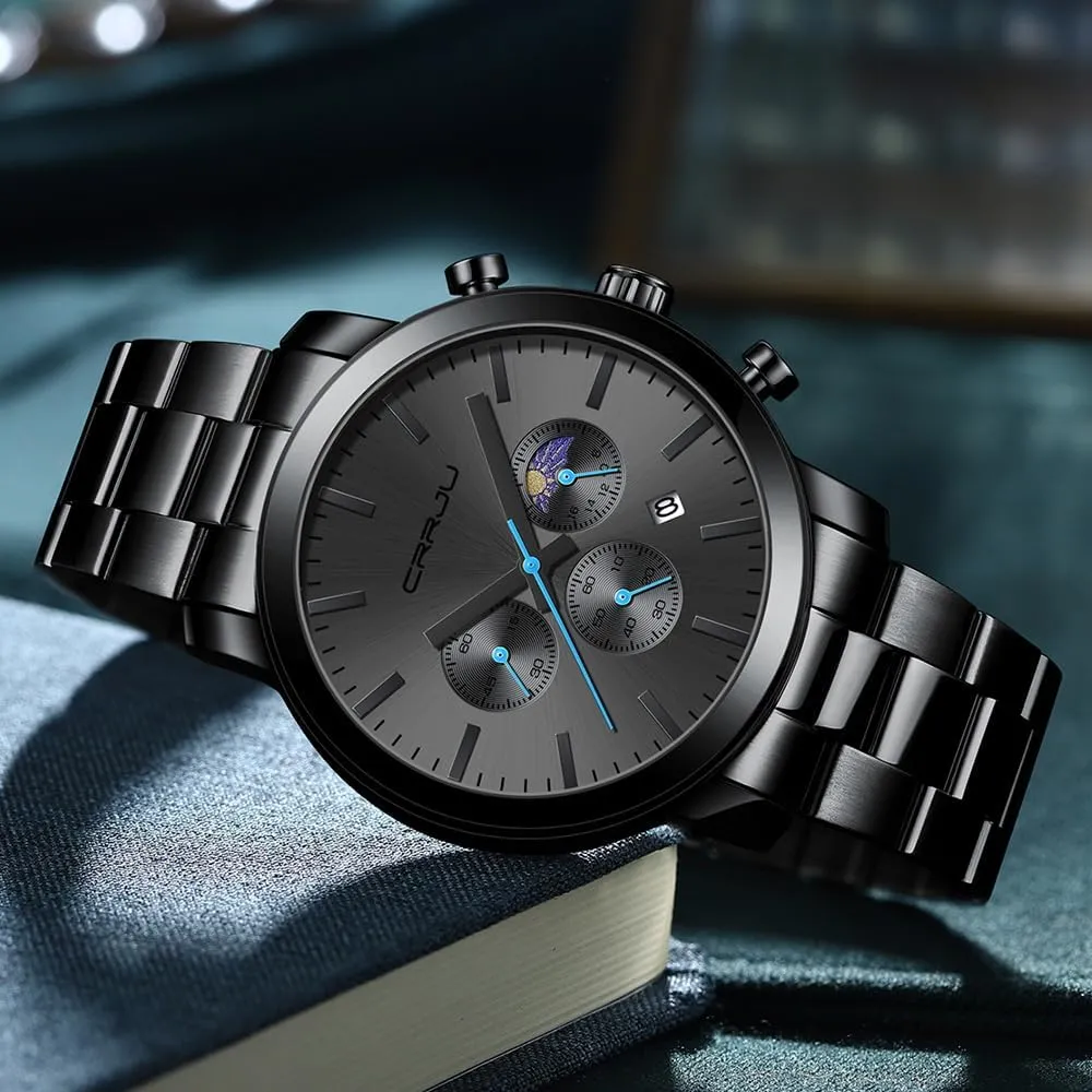 CRRJU Watches for Men Luxury Business Stainless Steel Waterproof Calendar Chronograph Analog Quartz Wristwatches