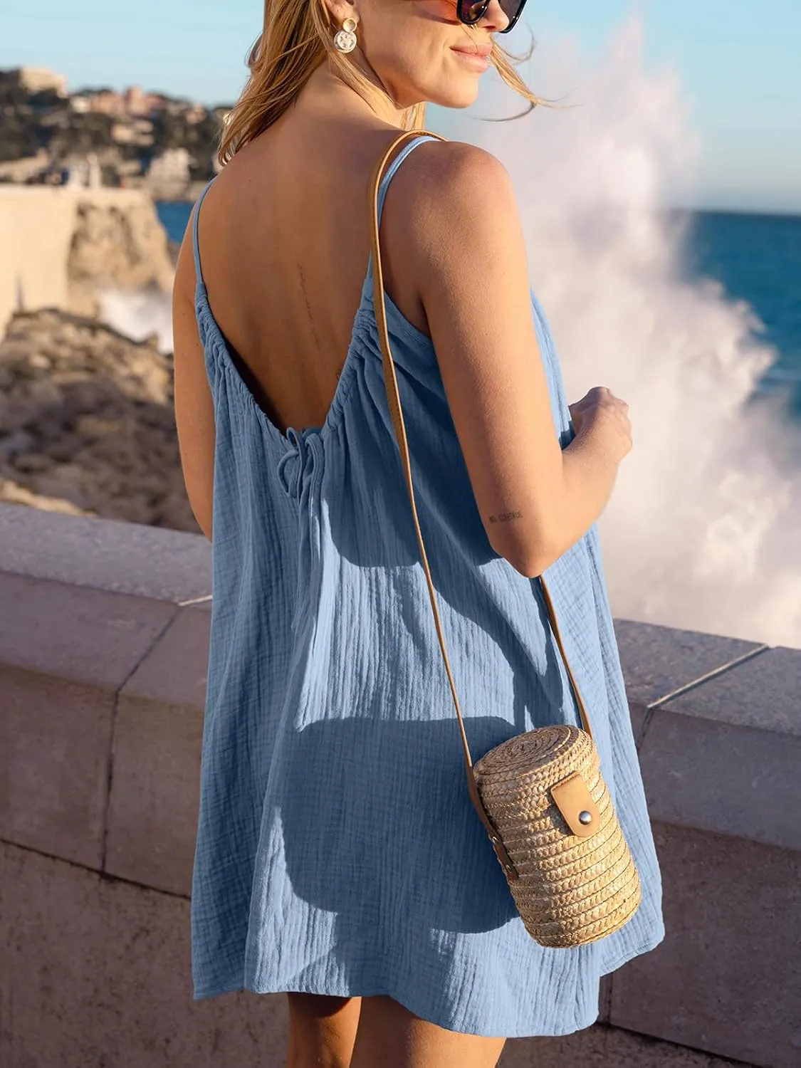 CUPSHE Women Swimsuit Cover Up Sleeveless 100% Cotton Beach Swimwear Coverup Summer Dress with Side Pockets