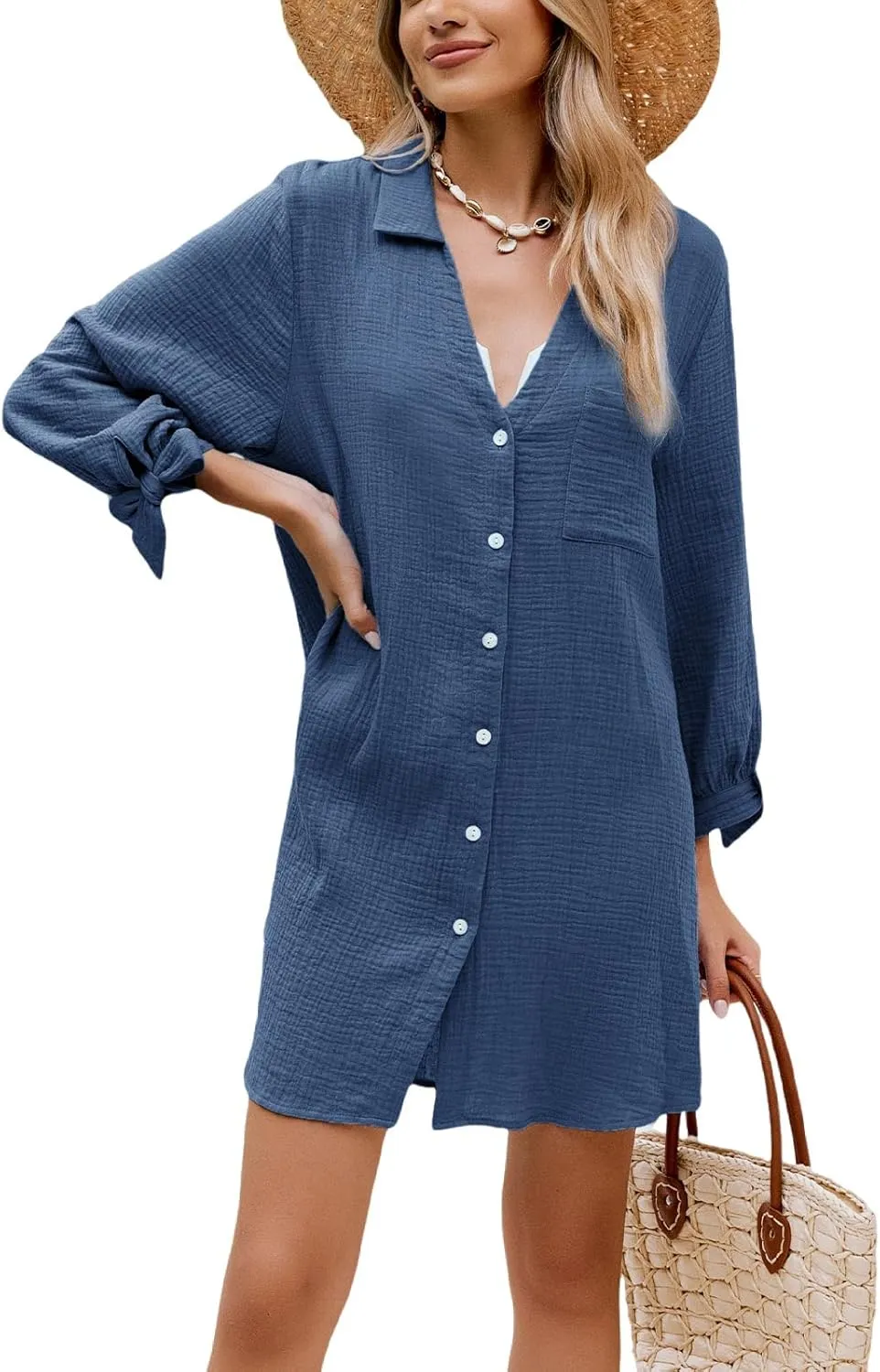 CUPSHE Women Swimsuit Coverup Button Down Casual Shirt Dress V Neck Beach Cover Ups with Pockets XS-XL