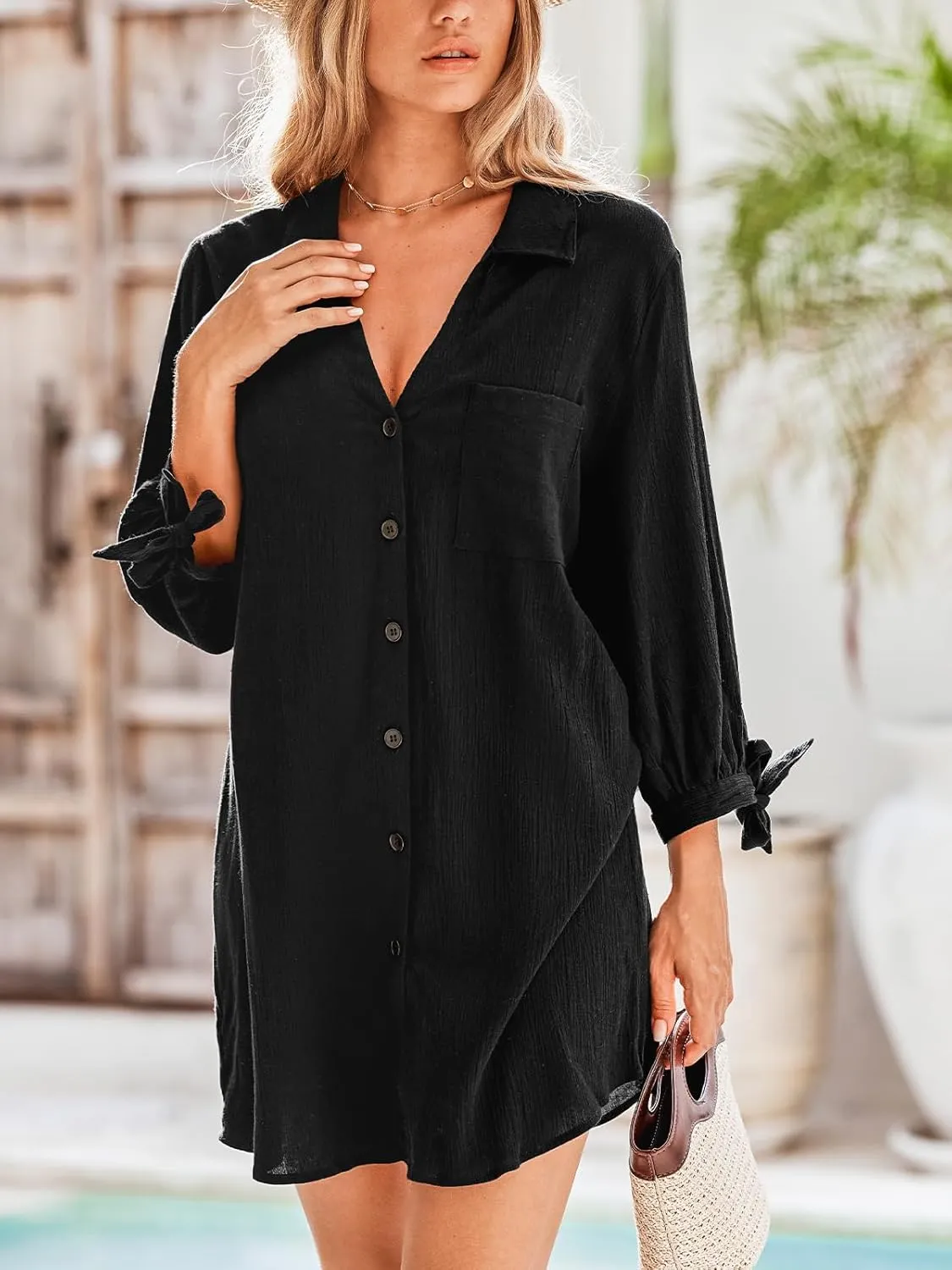 CUPSHE Women Swimsuit Coverup Button Down Casual Shirt Dress V Neck Beach Cover Ups with Pockets XS-XL