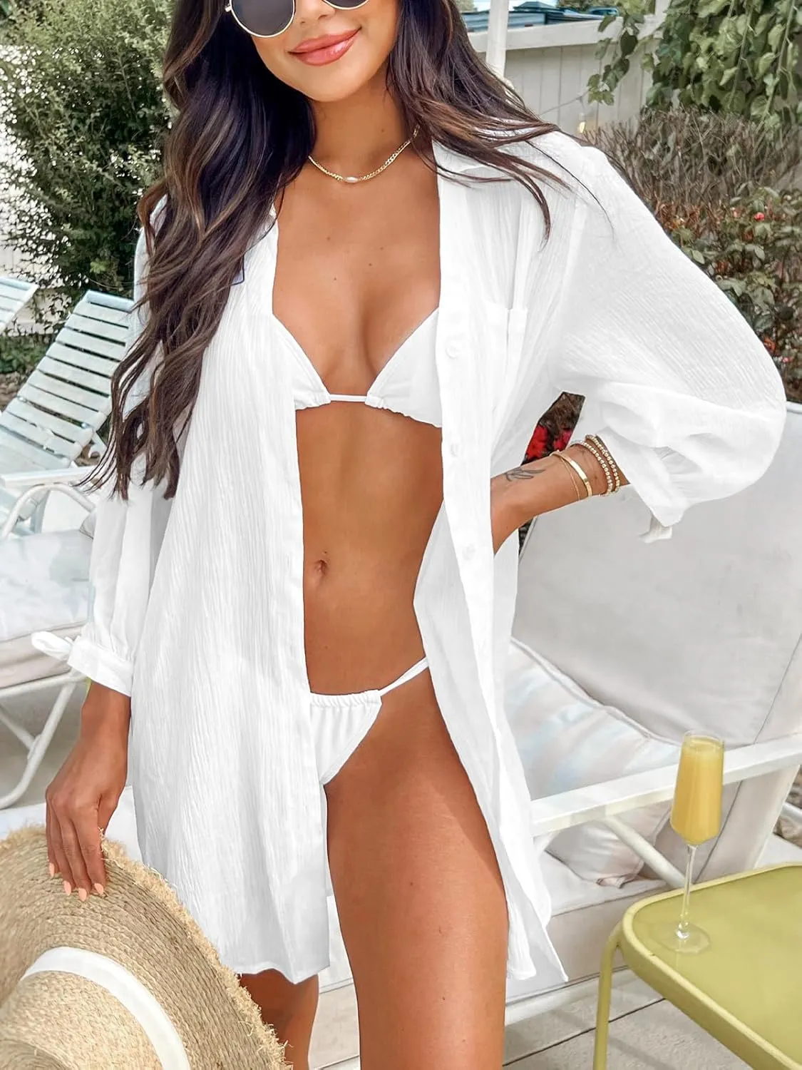CUPSHE Women Swimsuit Coverup Button Down Casual Shirt Dress V Neck Beach Cover Ups with Pockets XS-XL