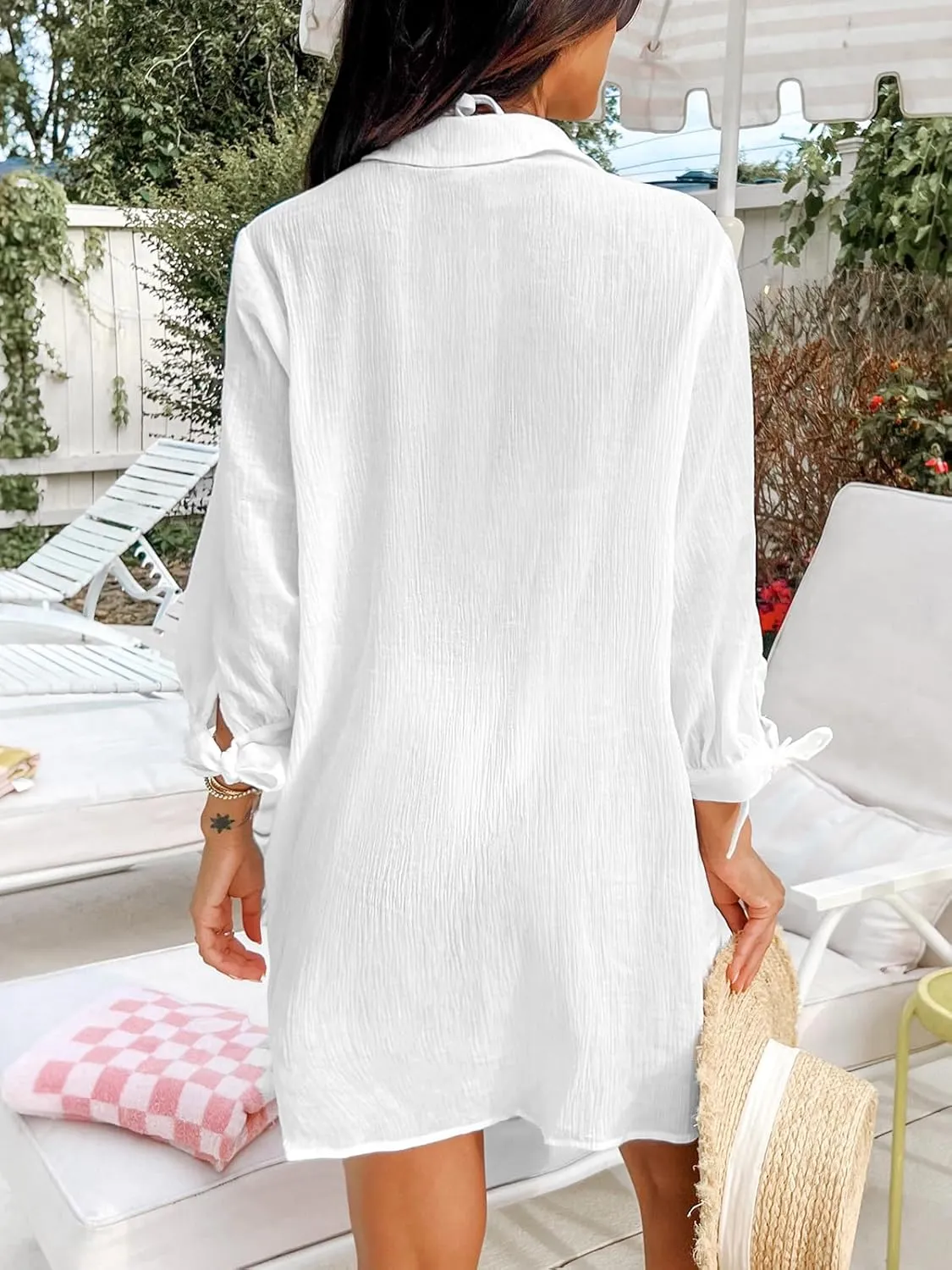 CUPSHE Women Swimsuit Coverup Button Down Casual Shirt Dress V Neck Beach Cover Ups with Pockets XS-XL