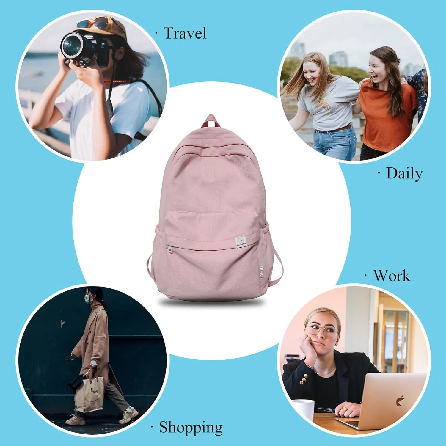 Cute Aesthetic Backpack Y2K Simple Solid Color Kawaii Backpacks Travel Laptop Backpack (Pink)