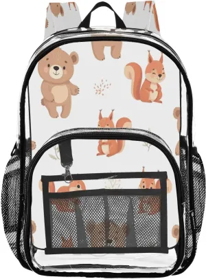 Cute Bears and Squirrels Clear Backpack with Back Print, Heavy Duty See Through Backpacks PVC Transparent Daypack for Travel Security