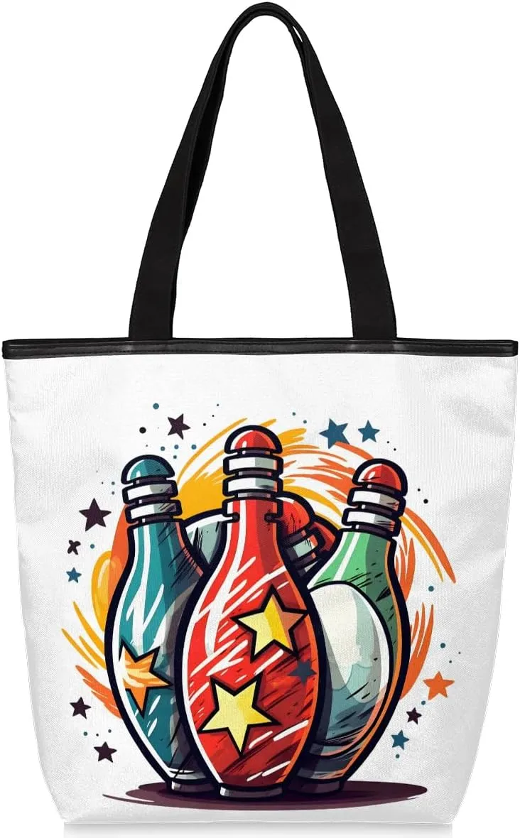 Cute Bowling Canvas Tote Bag for Women Large Tote Bag with Zipper & Pockets Canvas Beach Bag Shoulder Bag Reusable Shopping Bags Cute Tote Bags for Work Travel