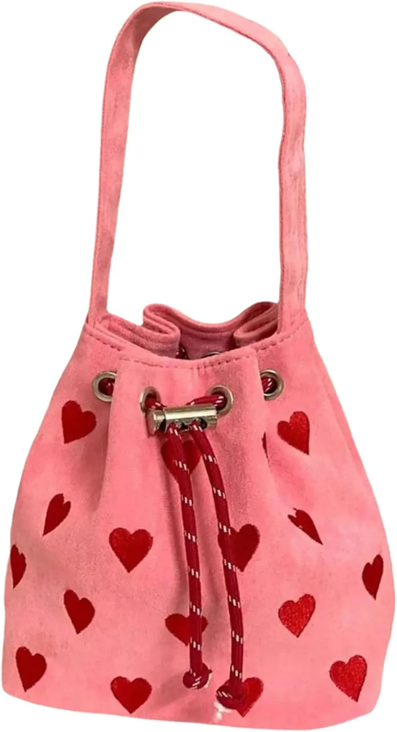 Cute Heart Bucket Bags for Women, Drawstring Closure Embroidery Shoulder Purses Small Canvas Crossbody Handbags Hobo Bag