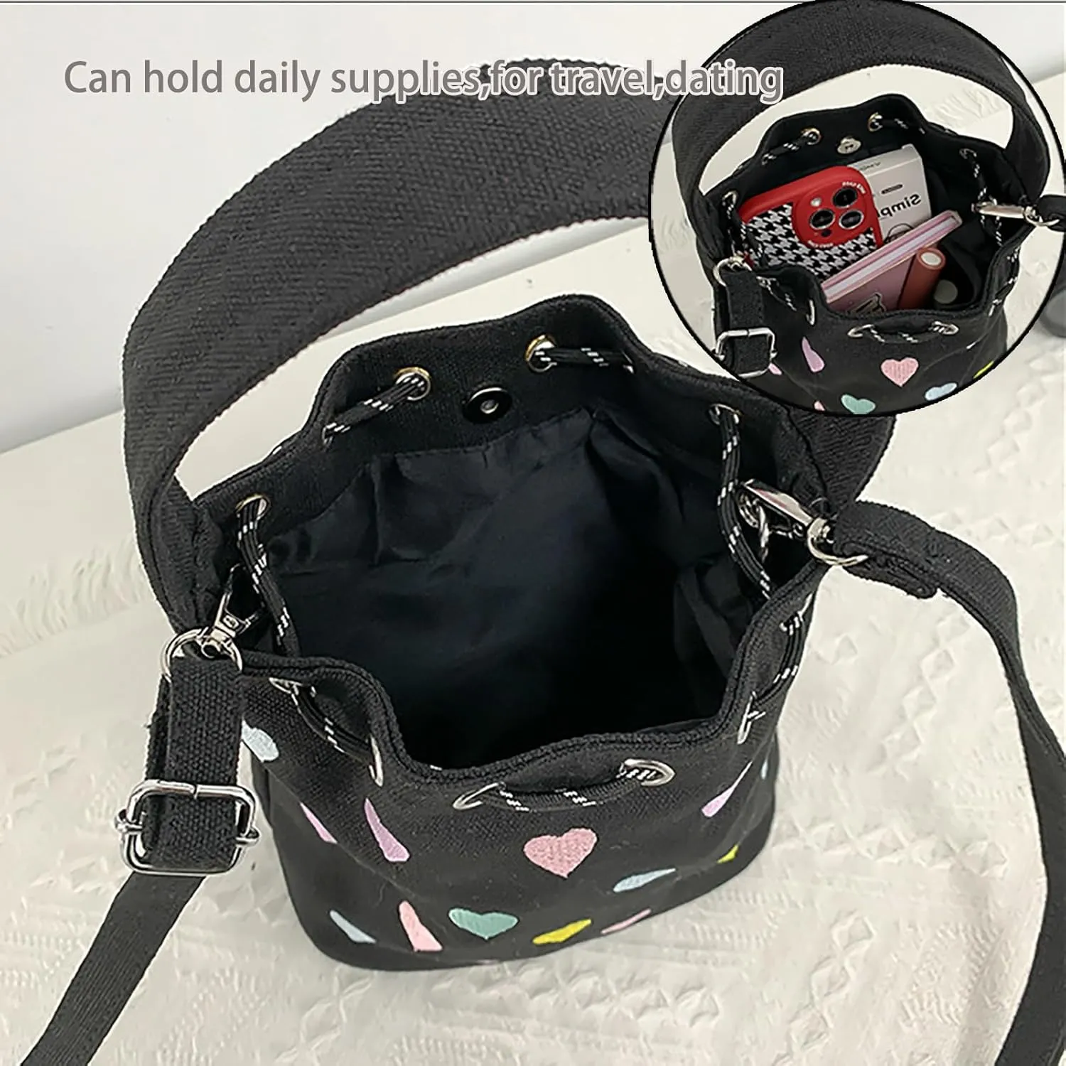 Cute Heart Bucket Bags for Women, Drawstring Closure Embroidery Shoulder Purses Small Canvas Crossbody Handbags Hobo Bag