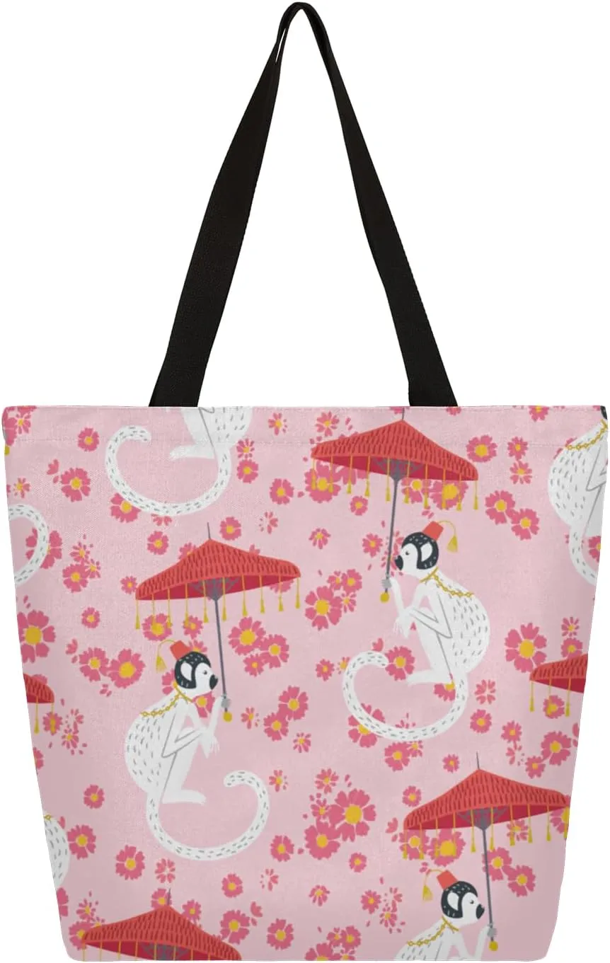 Cute Monkey Umbrella Flowers Large Capacity Canvas Tote Bag Stylish Handheld Shoulder Bag Reusable Shopping Bag for Work Travel Beach Trips Shopping
