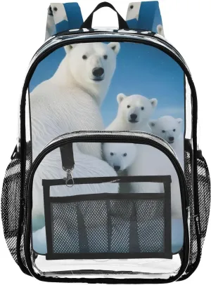 Cute Polar Bear Clear Backpack with Back Print, Heavy Duty See Through Backpacks PVC Transparent Daypack for Travel Security