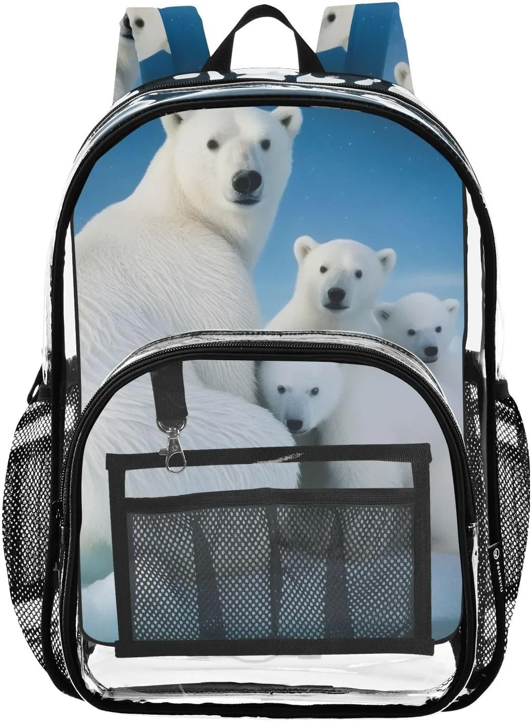 Cute Polar Bear Clear Backpack with Back Print, Heavy Duty See Through Backpacks PVC Transparent Daypack for Travel Security