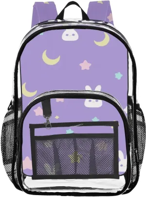 Cute Rabbit Bunny Stars Clear Backpack with Back Print, Heavy Duty See Through Backpacks PVC Transparent Daypack for Travel Security