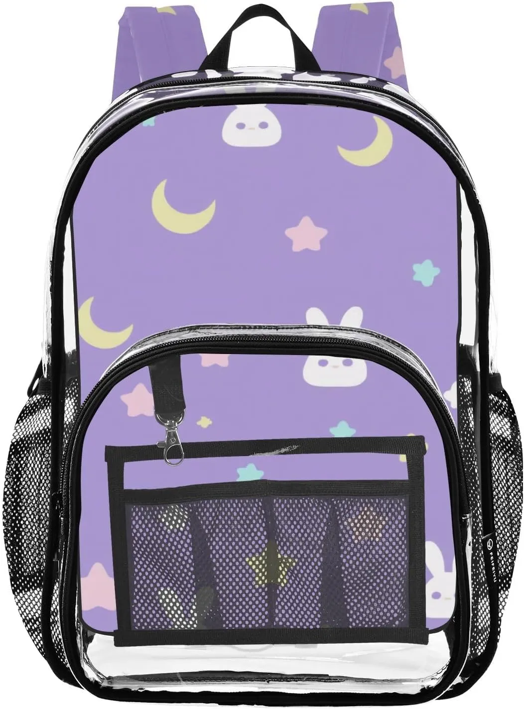 Cute Rabbit Bunny Stars Clear Backpack with Back Print, Heavy Duty See Through Backpacks PVC Transparent Daypack for Travel Security
