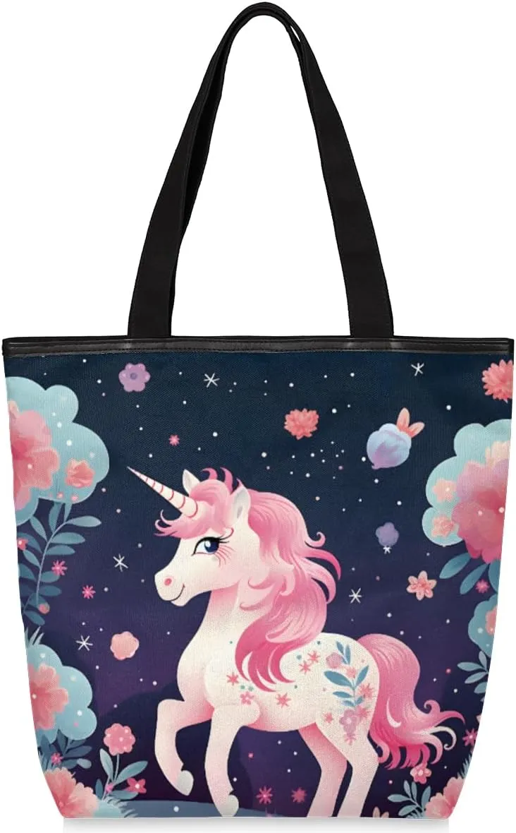 Cute Unicorn Canvas Tote Bag for Women Large Tote Bag with Zipper & Pockets Canvas Beach Bag Shoulder Bag Reusable Shopping Bags Cute Tote Bags for Work Travel