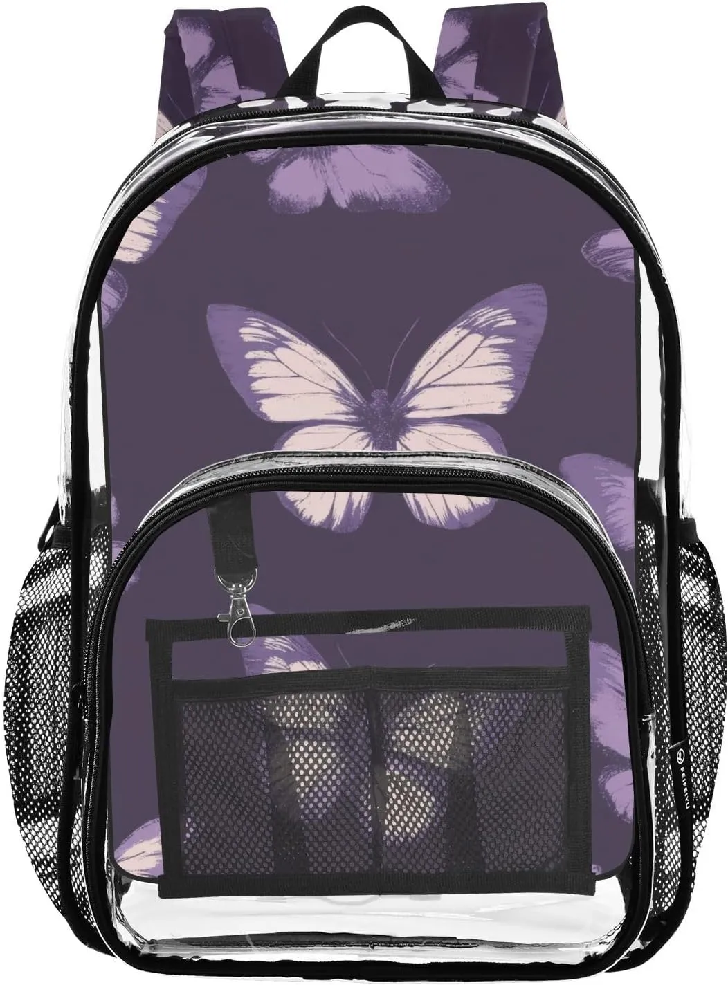 Dark Night Butterfly Clear Backpack with Back Print, Heavy Duty See Through Backpacks PVC Transparent Daypack for Travel Security