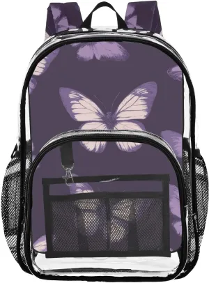 Dark Night Butterfly Clear Backpack with Back Print, Heavy Duty See Through Backpacks PVC Transparent Daypack for Travel Security