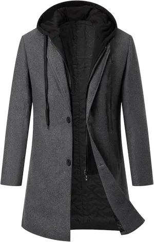 Dgoopd Hooded Trench Coat Men Wool Blend Coat Zip up Pea Coat Open Front Cardigan Casual Winter Coat Long Hoodie with Pockets