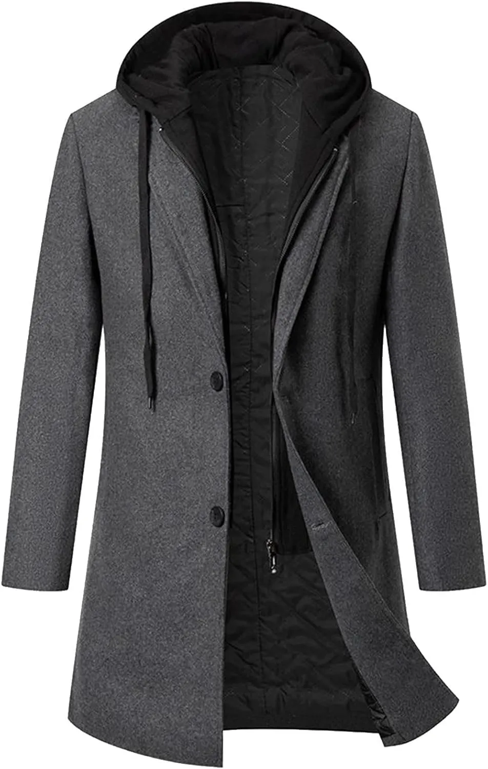 Dgoopd Hooded Trench Coat Men Wool Blend Coat Zip up Pea Coat Open Front Cardigan Casual Winter Coat Long Hoodie with Pockets
