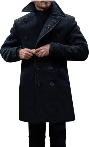 Dgoopd Men's Double Breasted Trench Coat Wool Blend Long Coat Notch Lapel Jacket Casual Pea Coat Windproof Jacket