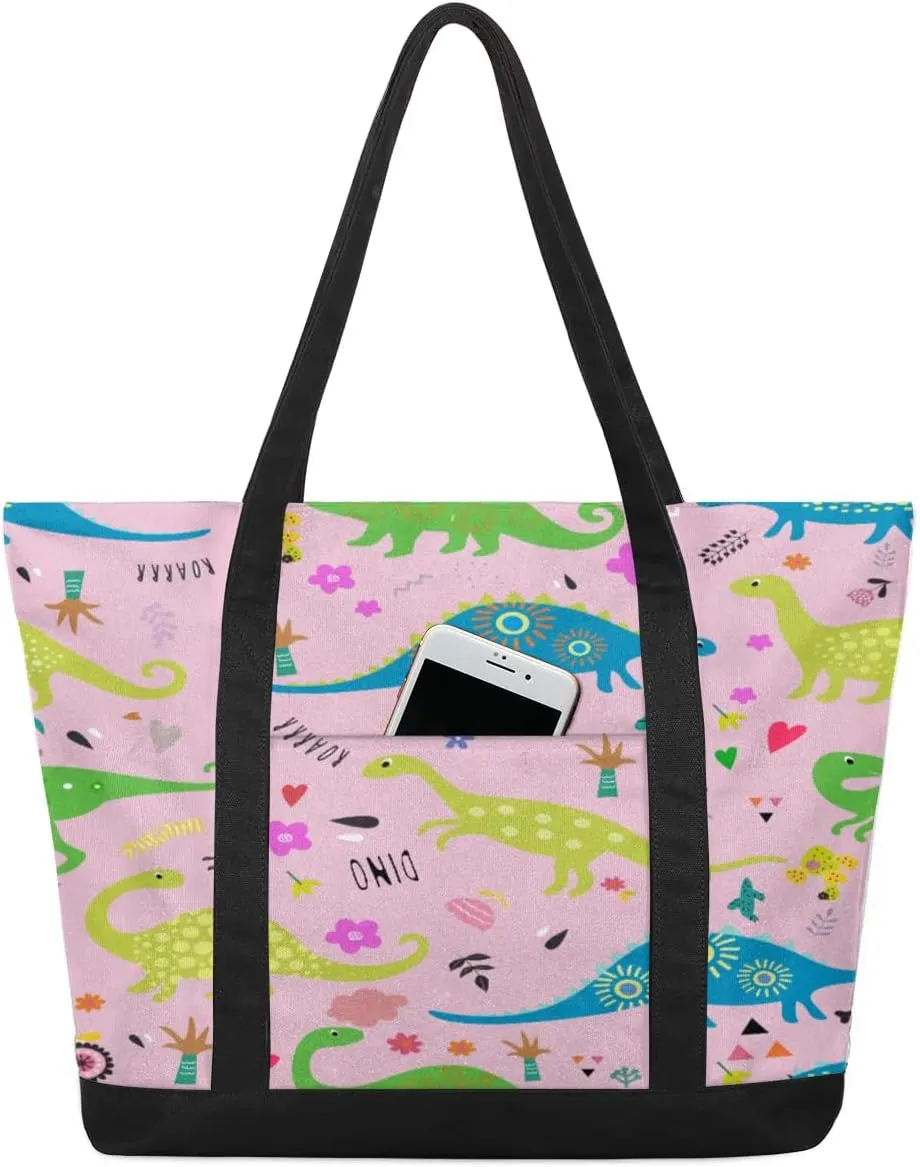 Dinosaur Paradise Tote Bag for Women Work Canvas Travel Tote Bags with Zipper Large Capacity Casual Handbag with Inner Pockets Reusable Shopping Shoulder Bag for Teacher Nurse