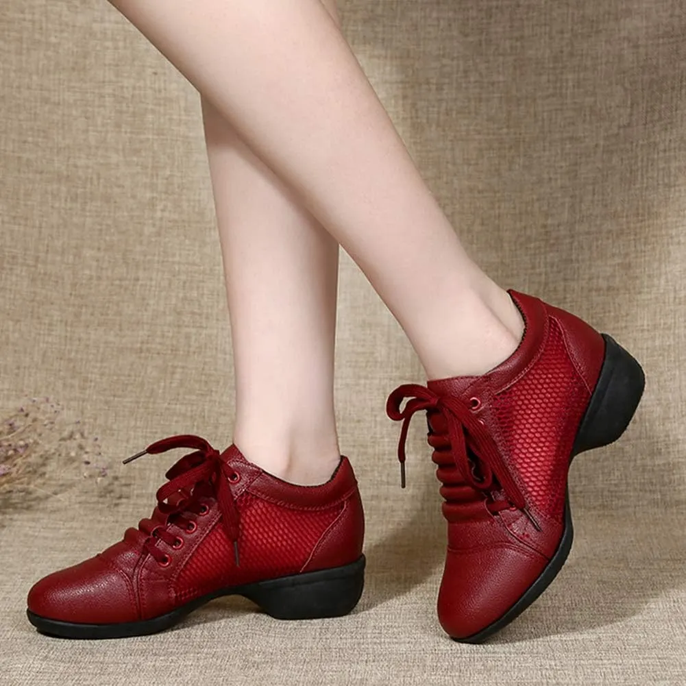 DKZSYIM Women's Leather Boost Dance Sneaker/Modern Jazz Ballroom Performance Dance-Sneakers Sports Shoes,Model YMJ1818
