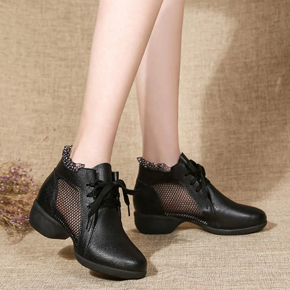 DKZSYIM Women's Leather Boost Dance Sneaker/Modern Jazz Ballroom Performance Dance-Sneakers Sports Shoes,Model YMJ1818