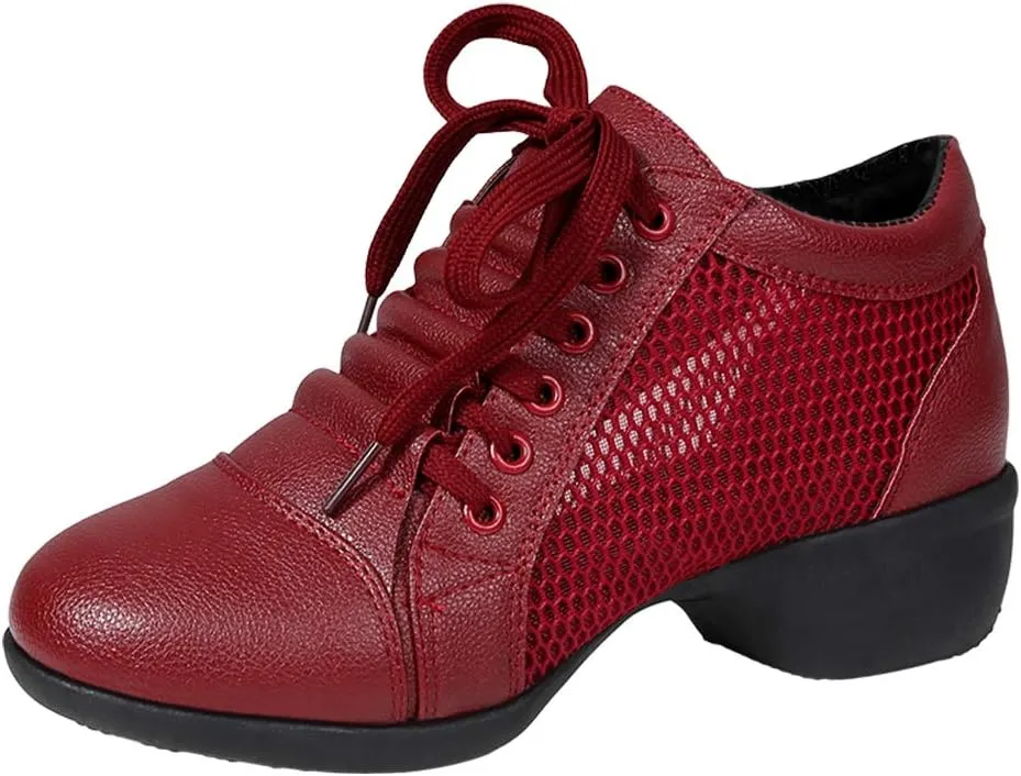 DKZSYIM Women's Leather Boost Dance Sneaker/Modern Jazz Ballroom Performance Dance-Sneakers Sports Shoes,Model YMJ1818