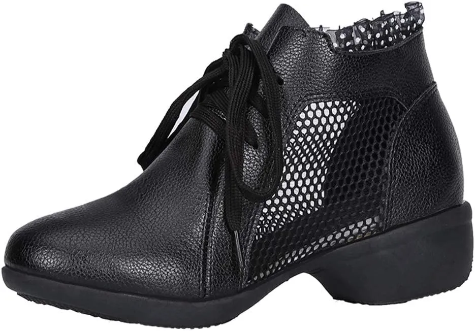 DKZSYIM Women's Leather Boost Dance Sneaker/Modern Jazz Ballroom Performance Dance-Sneakers Sports Shoes,Model YMJ1818
