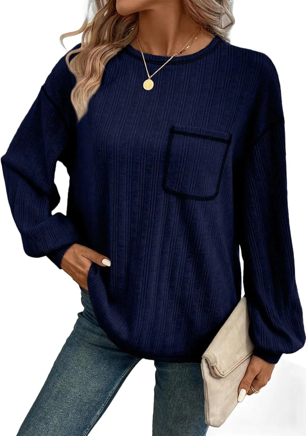 Dokotoo Long Sleeve Shirts for Women 2025 Casual Solid Crewneck Knitted Loose Fit Pullover Shirts Tops