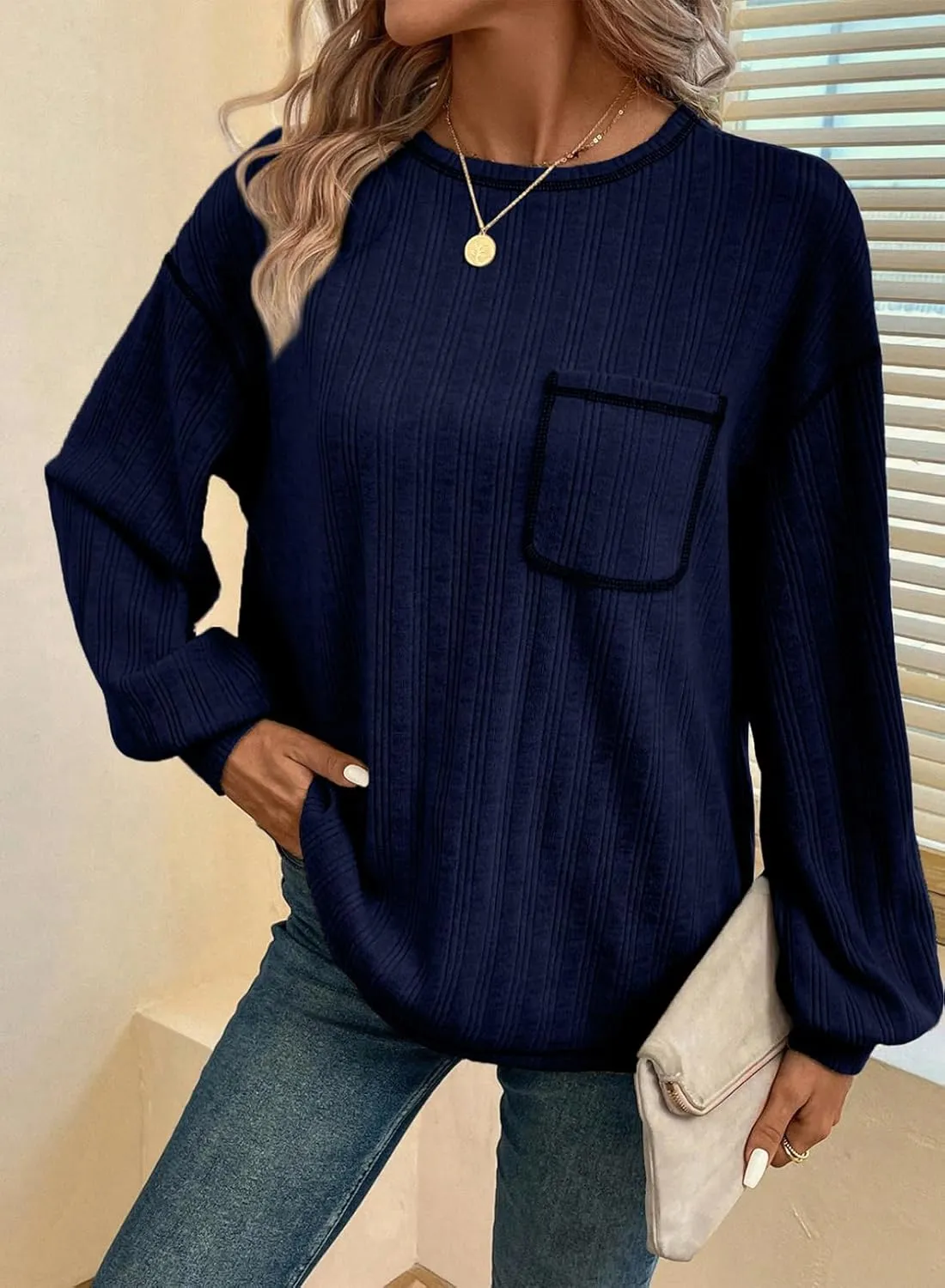 Dokotoo Long Sleeve Shirts for Women 2025 Casual Solid Crewneck Knitted Loose Fit Pullover Shirts Tops