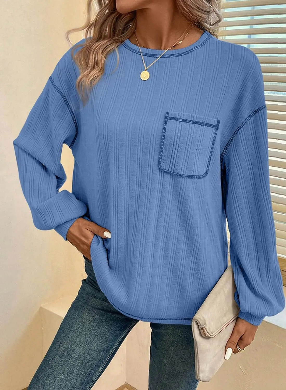 Dokotoo Long Sleeve Shirts for Women 2025 Casual Solid Crewneck Knitted Loose Fit Pullover Shirts Tops
