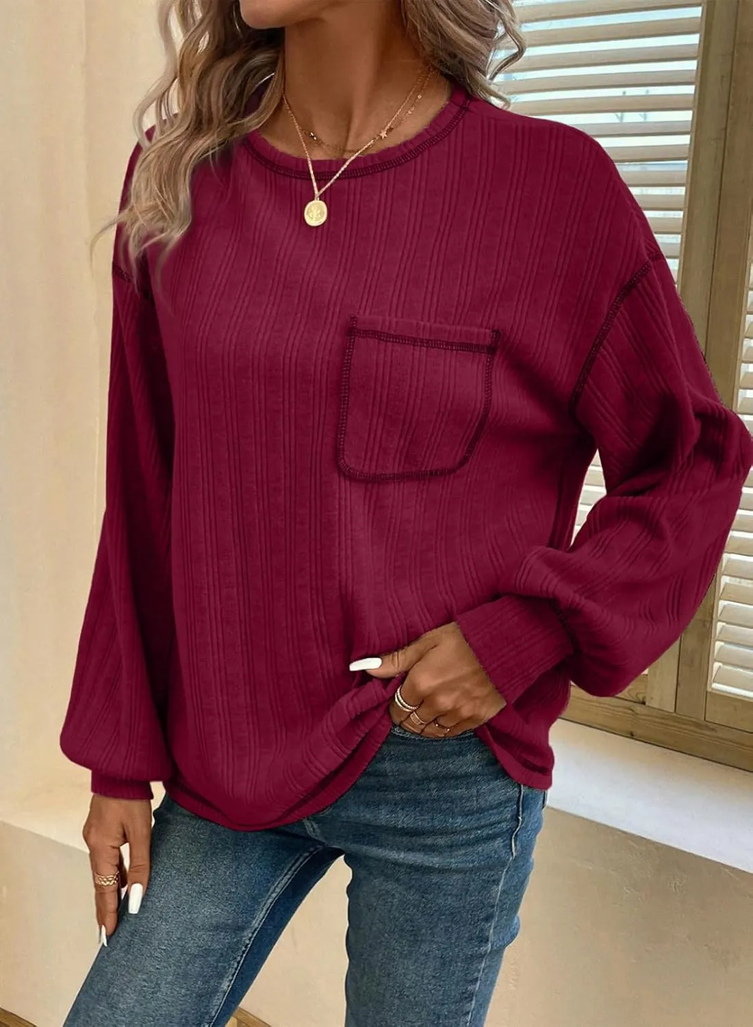 Dokotoo Long Sleeve Shirts for Women 2025 Casual Solid Crewneck Knitted Loose Fit Pullover Shirts Tops
