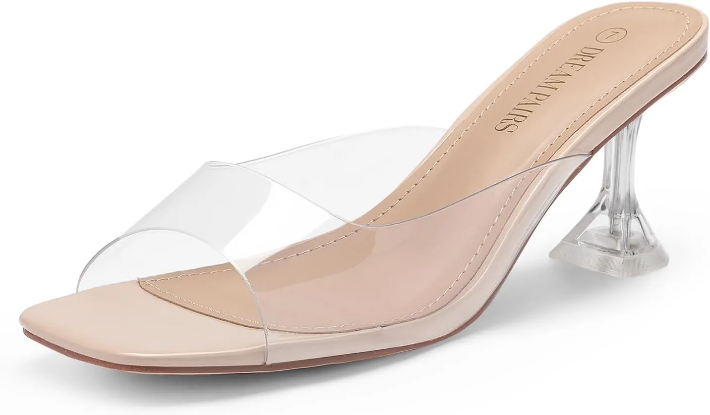 DREAM PAIRS Womens Clear Heels Square Toe High Stiletto Mules Slip on Wedding Dress Heel Sandals