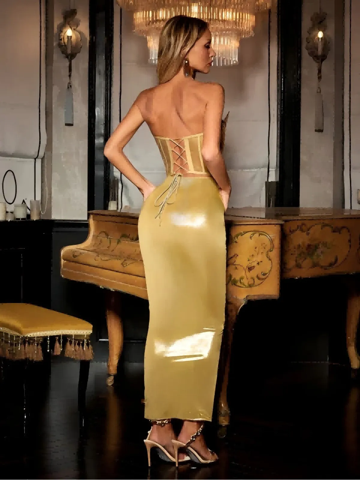 Eadward Strapless Metallic Midi Dress In Gold
