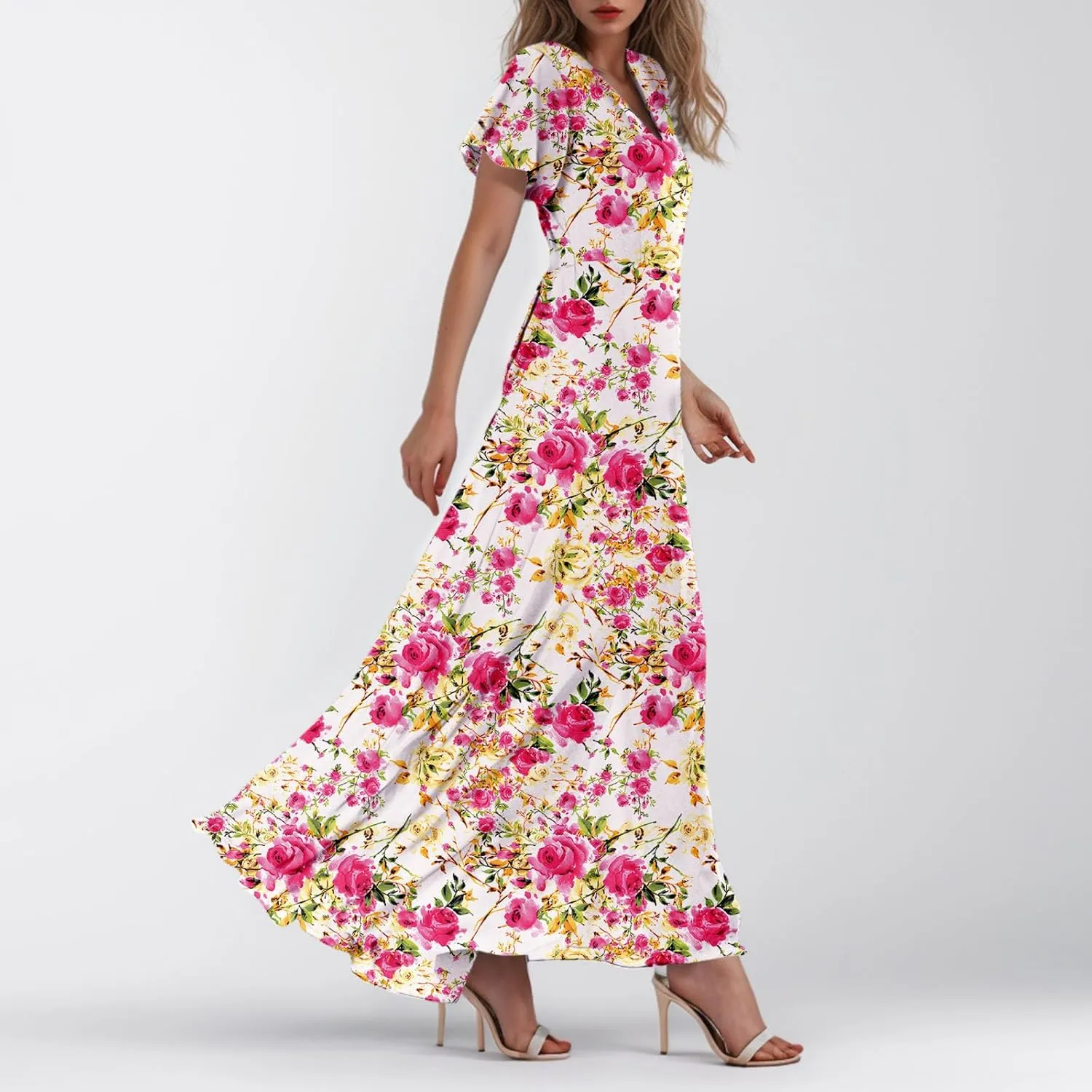 Easter Dresses for Women 2025 Summer Floral Chiffon Sun Dress Flowy Vacation Outfits Boho V Neck Ruffle Dress Beach Dress