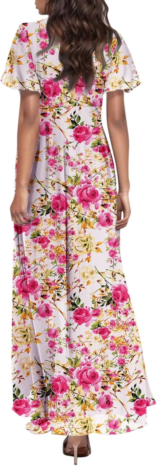 Easter Dresses for Women 2025 Summer Floral Chiffon Sun Dress Flowy Vacation Outfits Boho V Neck Ruffle Dress Beach Dress