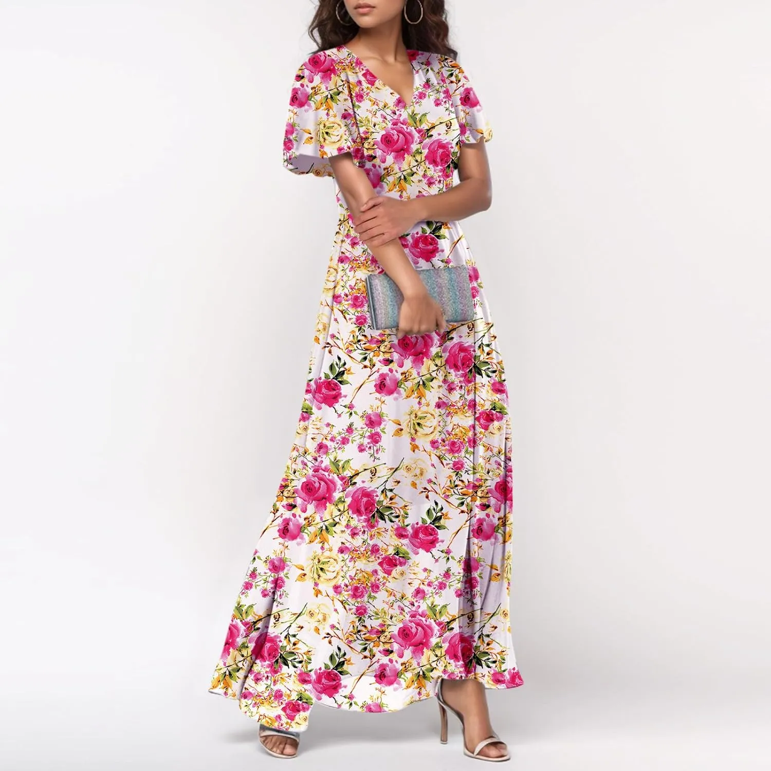 Easter Dresses for Women 2025 Summer Floral Chiffon Sun Dress Flowy Vacation Outfits Boho V Neck Ruffle Dress Beach Dress