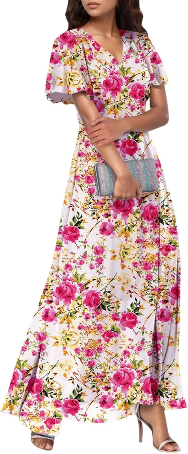 Easter Dresses for Women 2025 Summer Floral Chiffon Sun Dress Flowy Vacation Outfits Boho V Neck Ruffle Dress Beach Dress