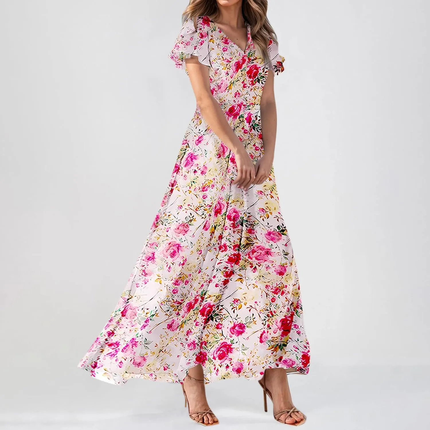 Easter Dresses for Women 2025 Summer Floral Chiffon Sun Dress Flowy Vacation Outfits Boho V Neck Ruffle Dress Beach Dress