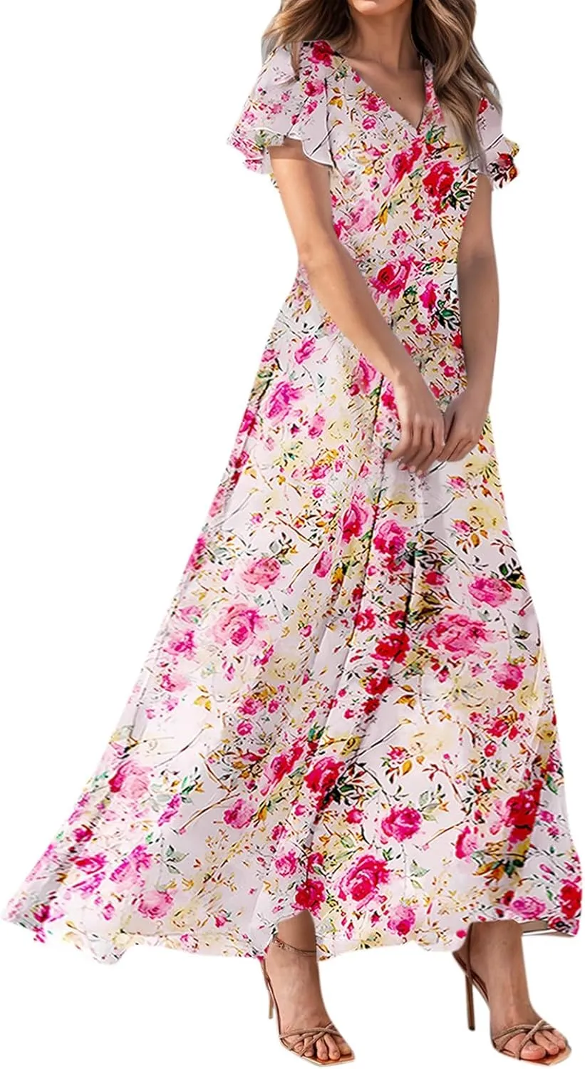 Easter Dresses for Women 2025 Summer Floral Chiffon Sun Dress Flowy Vacation Outfits Boho V Neck Ruffle Dress Beach Dress