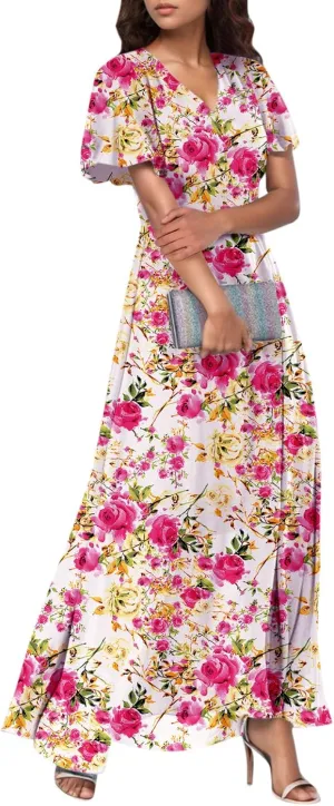 Easter Dresses for Women 2025 Summer Floral Chiffon Sun Dress Flowy Vacation Outfits Boho V Neck Ruffle Dress Beach Dress