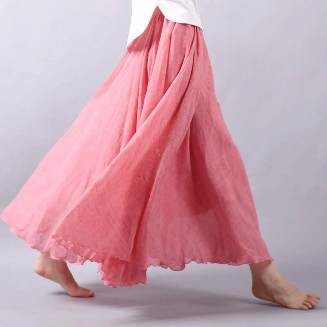 ebossy Women's Elastic Waist Beach Boho Summer Maxi Long Swing Linen Skirt