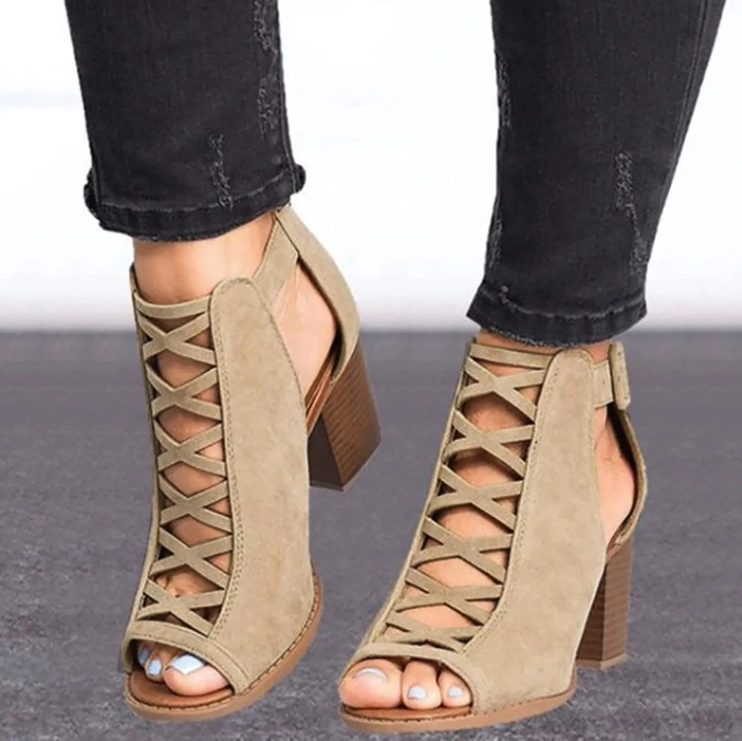 Eduavar Sandals for Women Casual Summer, Womens Sandals Dressy Heel Breathable Hollow Out Chunky Low Heel Sandals with Buckle