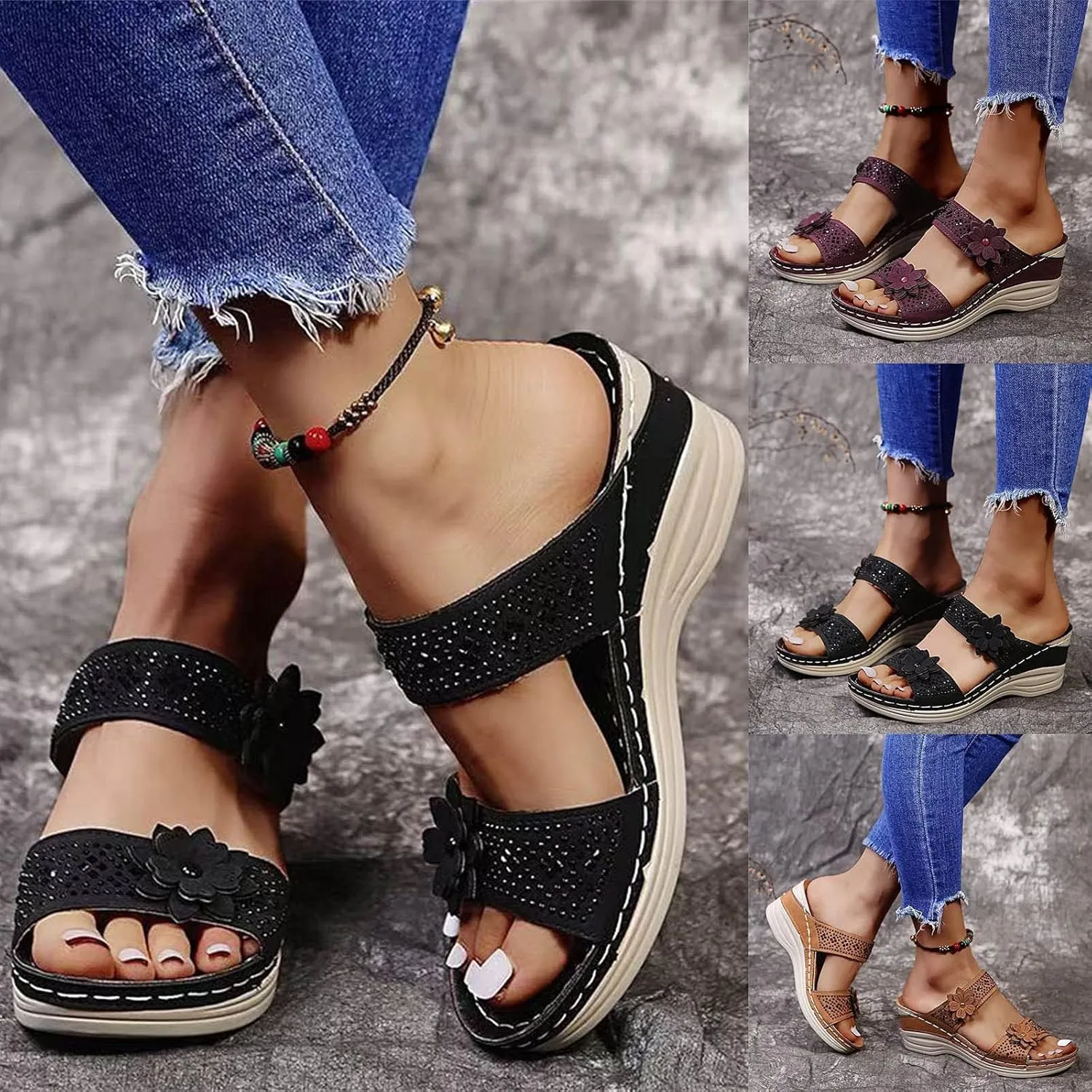 Eduavar Womens Sandals Dressy, Womens Sandals Comfortable Flower Orthopedic Flip Flops Arch Support Slip On Shoes