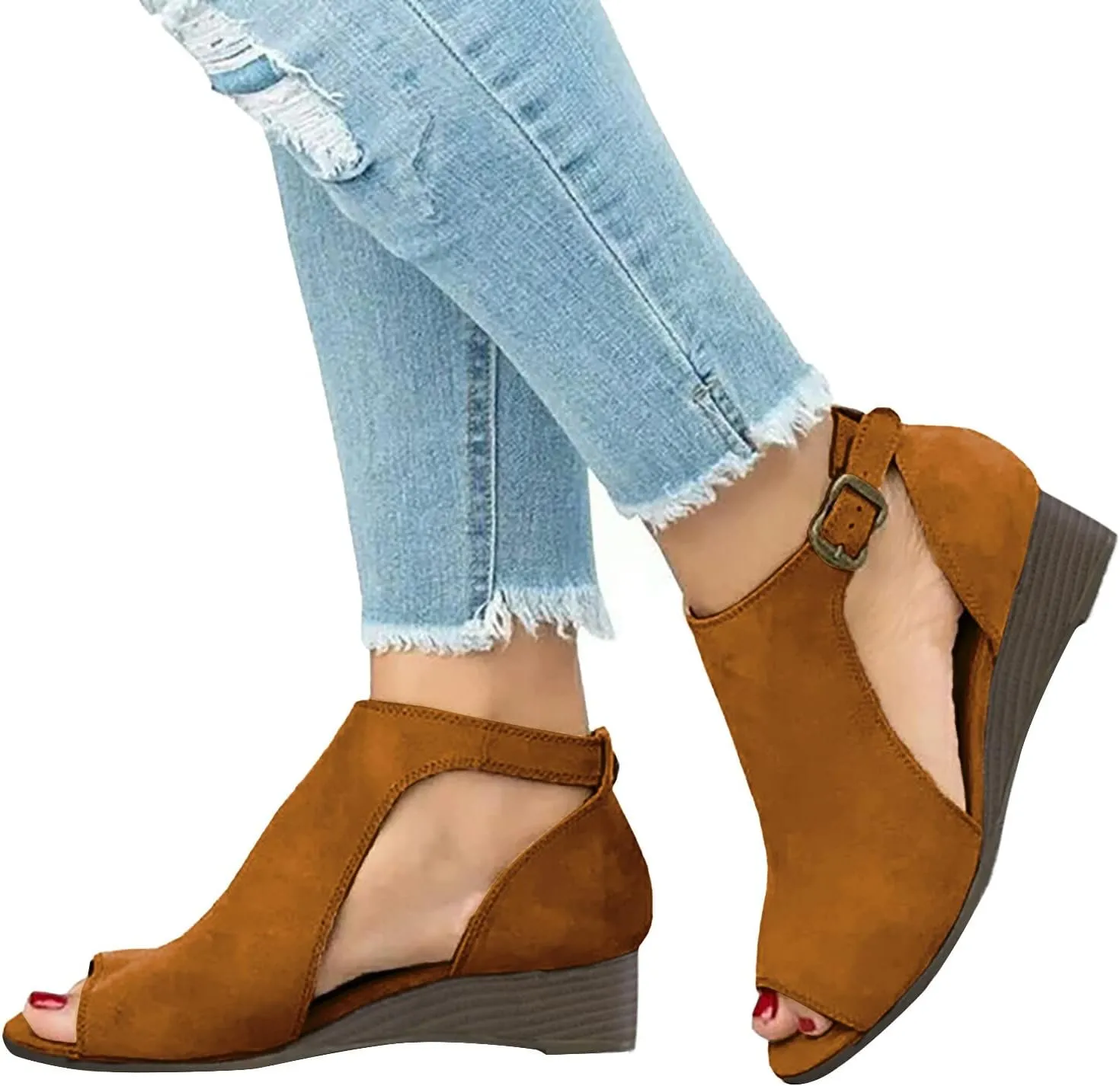 Eduavar Womens Wedge Sandals, Orthopedic Sandals for Women Cut Out Sandals Anti-Slip Ankle Strap Wedge Sandals