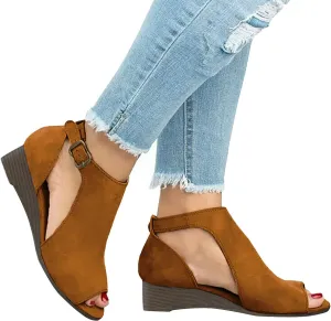 Eduavar Womens Wedge Sandals, Orthopedic Sandals for Women Cut Out Sandals Anti-Slip Ankle Strap Wedge Sandals