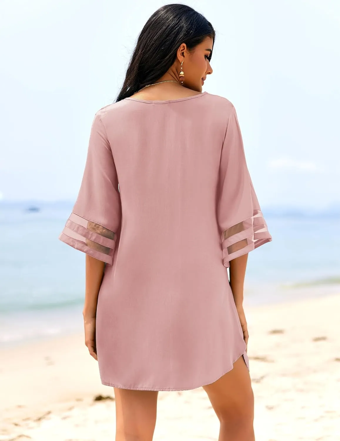 Ekouaer Women's Swimsuit Cover Up 3/4 Bell Sleeve Beachwear Coverups Deep V-Neck Bikini Beach Dress S-3XL